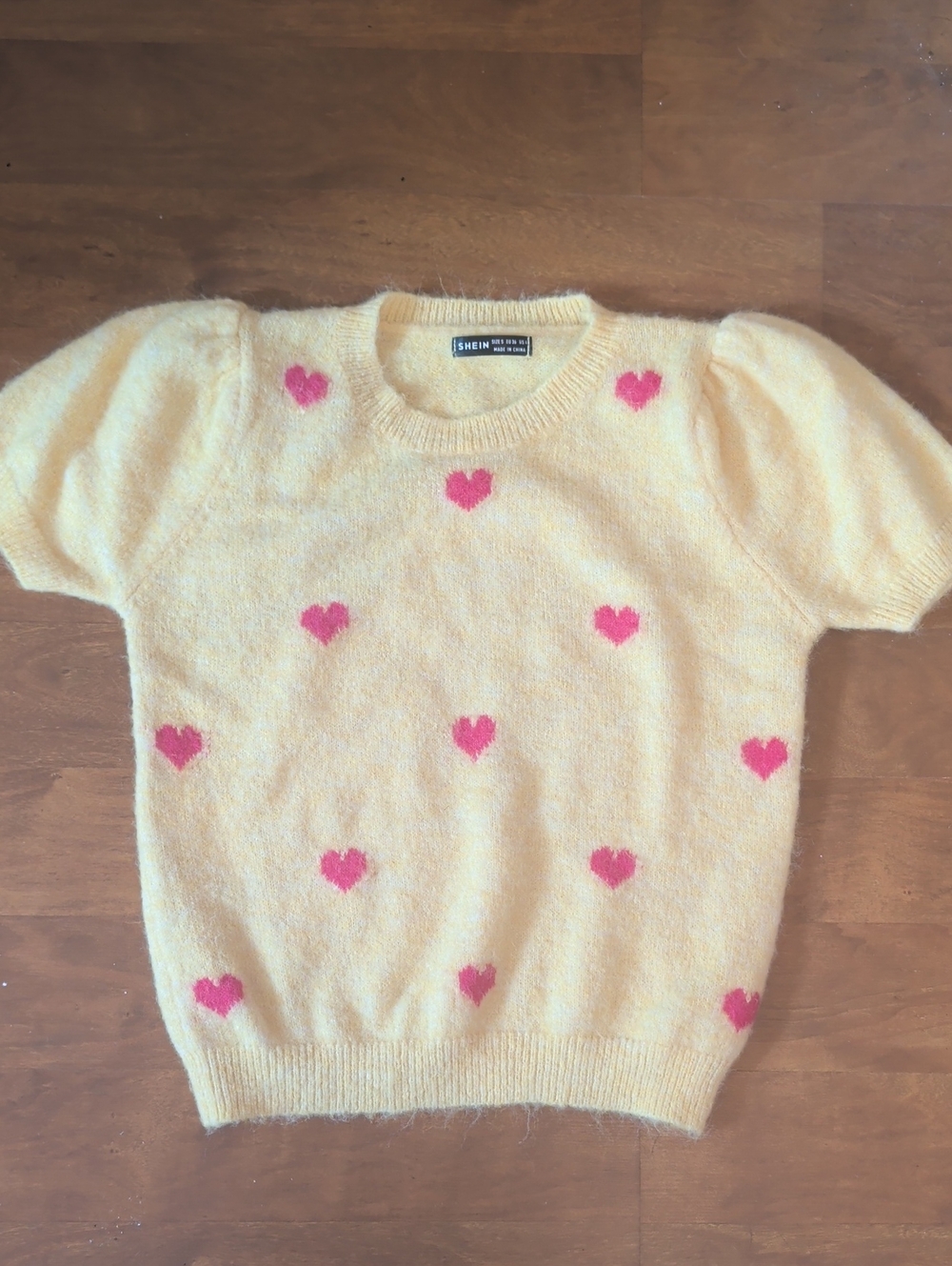 SHEIN Yellow Crewneck Sweater with Pink Heart Pattern